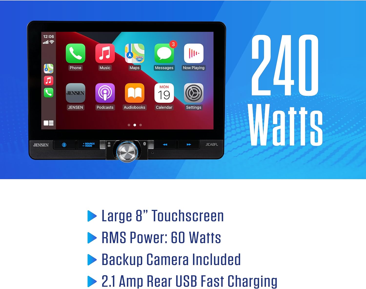 JENSEN J1CA8FL-BUC 8-inch Certified Apple CarPlay Android Auto Wired or Wireless | Single DIN and Double DIN Touchscreen Car Stereo Radio | Bluetooth | USB Charge | Backup Camera Included