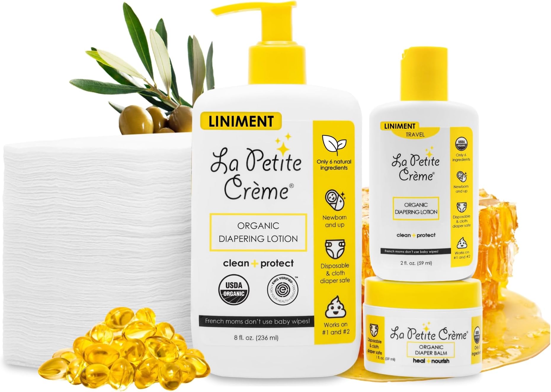 La Petite Creme Premium French Diapering Gift Set: Includes Organic Diapering Lotion (8 oz), Travel-size Liniment Baby Lotion (2 oz), 1 Travel-size Diaper Balm (1 oz), 50 Disposable Cotton Pads