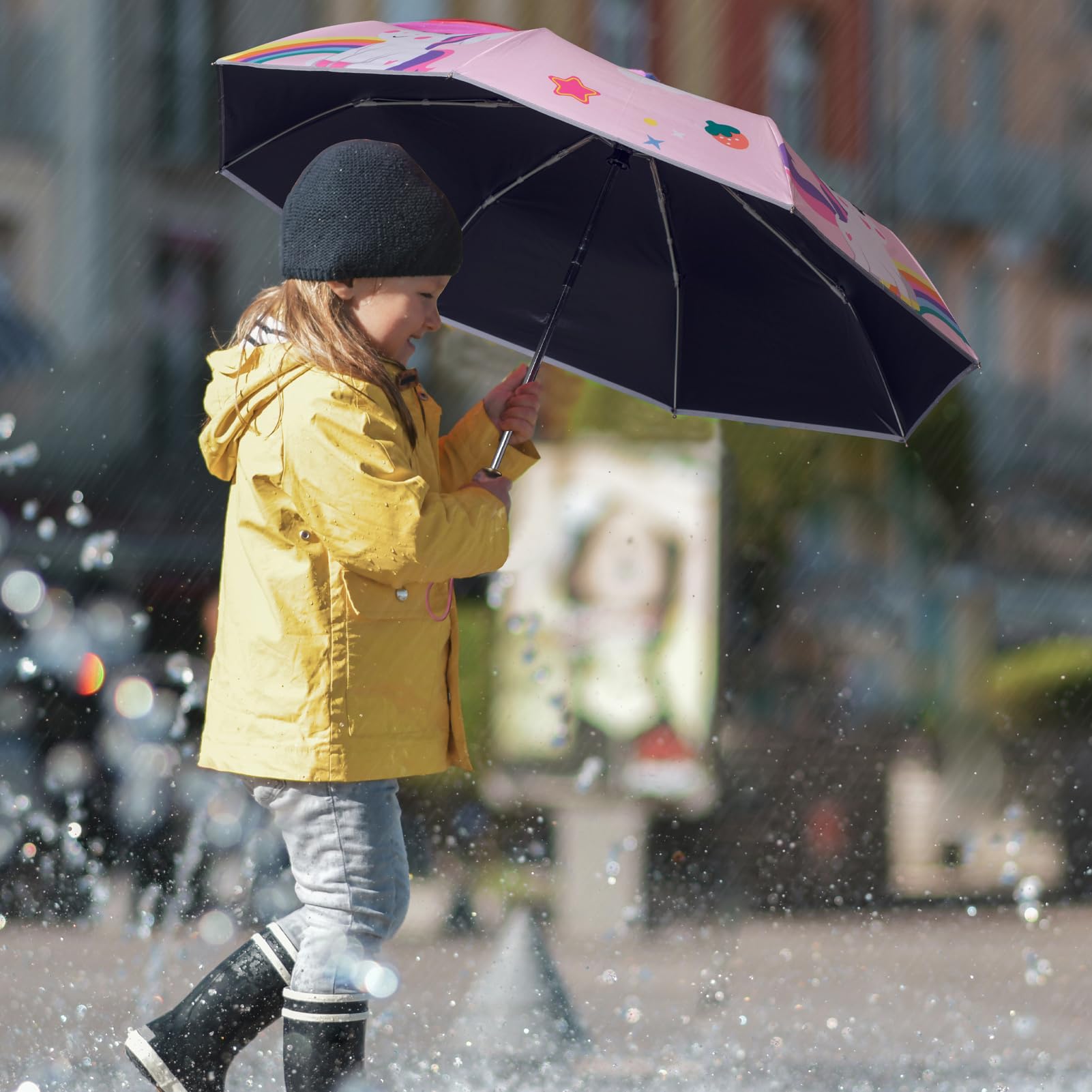 Paraguas plegable automático para niños, cierre abierto, caricatura, resistente a los rayos UV, diseño antirrebote, paraguas compacto al viento y resistente al agua para niños y niñas #2 9