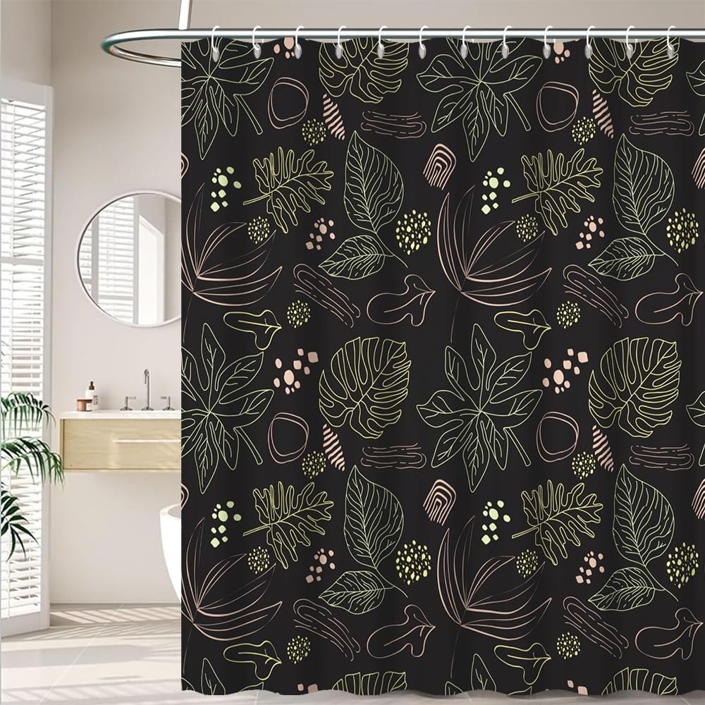 Black Leaf Shower Curtain Set Boho Vintage Abstract Palm Leaves Bathroom Curtains Tropical Plant Botanical Themed Bathroom Decor Machine Washable Waterproof Polyester Fabric with Hooks 72x72 Inch