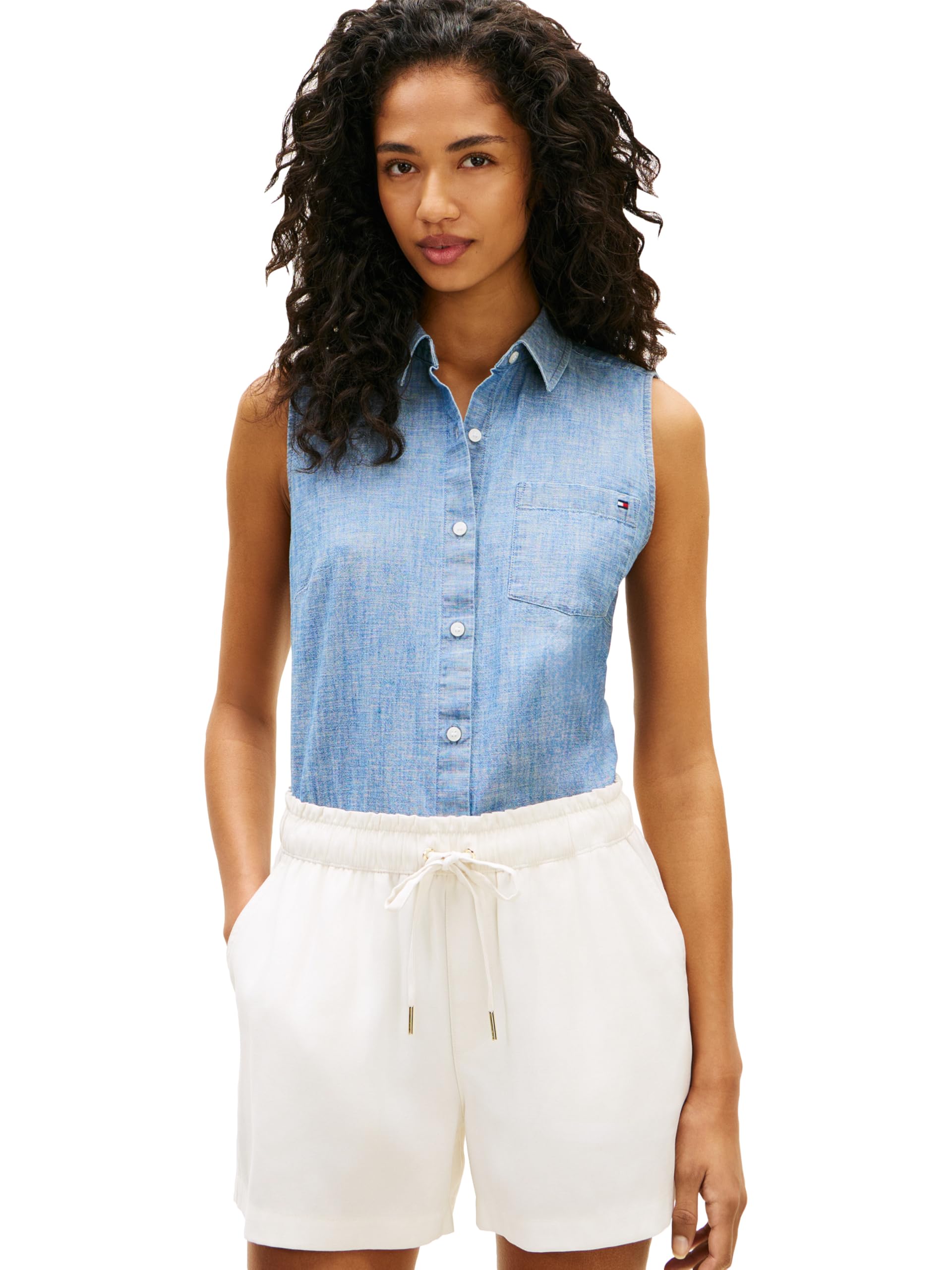Women's Lightweight Cotton Chambray Sleeveless Button Down Shirt Denim Blouse