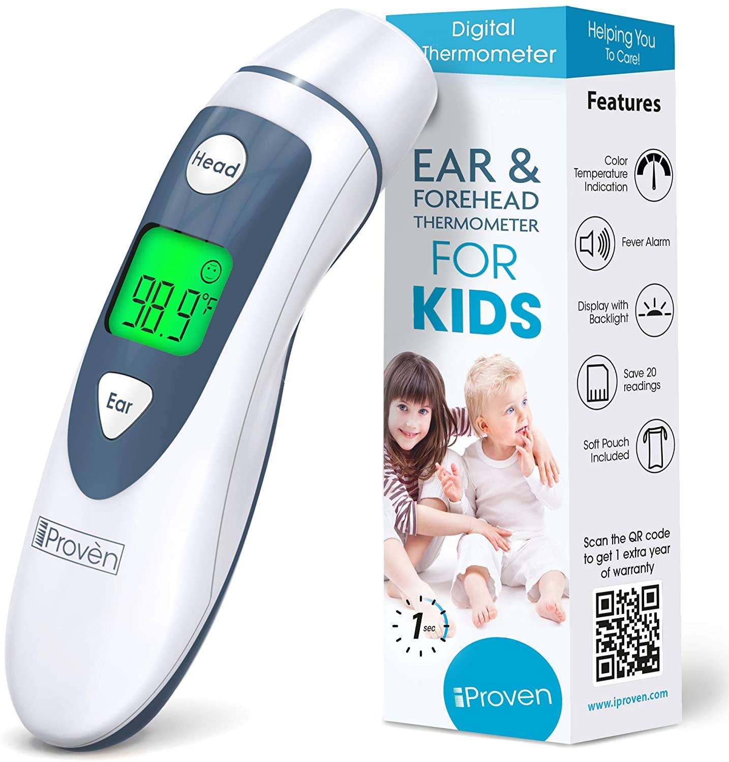 iProven Digital Thermometer for Adults Kids and Baby - Ear and Forehead 2-in-1, 1 Second Reading, Fever Alarm with Color Indicator, 20 Memory Recall - Medical Infrared Thermometer For The Whole Family