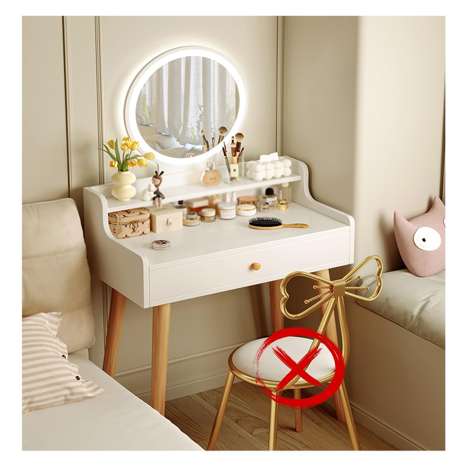 asdchZen Vanity Table With Drawers And Storage Shelves Durable Panels Stable Load Bearing Space Saving Makeup Desk,Led Type-60 * 40cm/23.6 * 15.7in