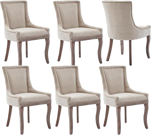 Modern Dining Chairs Set of 6, High Back Dining Chairs Side Chairs with Solid Wood Legs, Upholstered Fabric Dining Room Chairs for Dining Room
