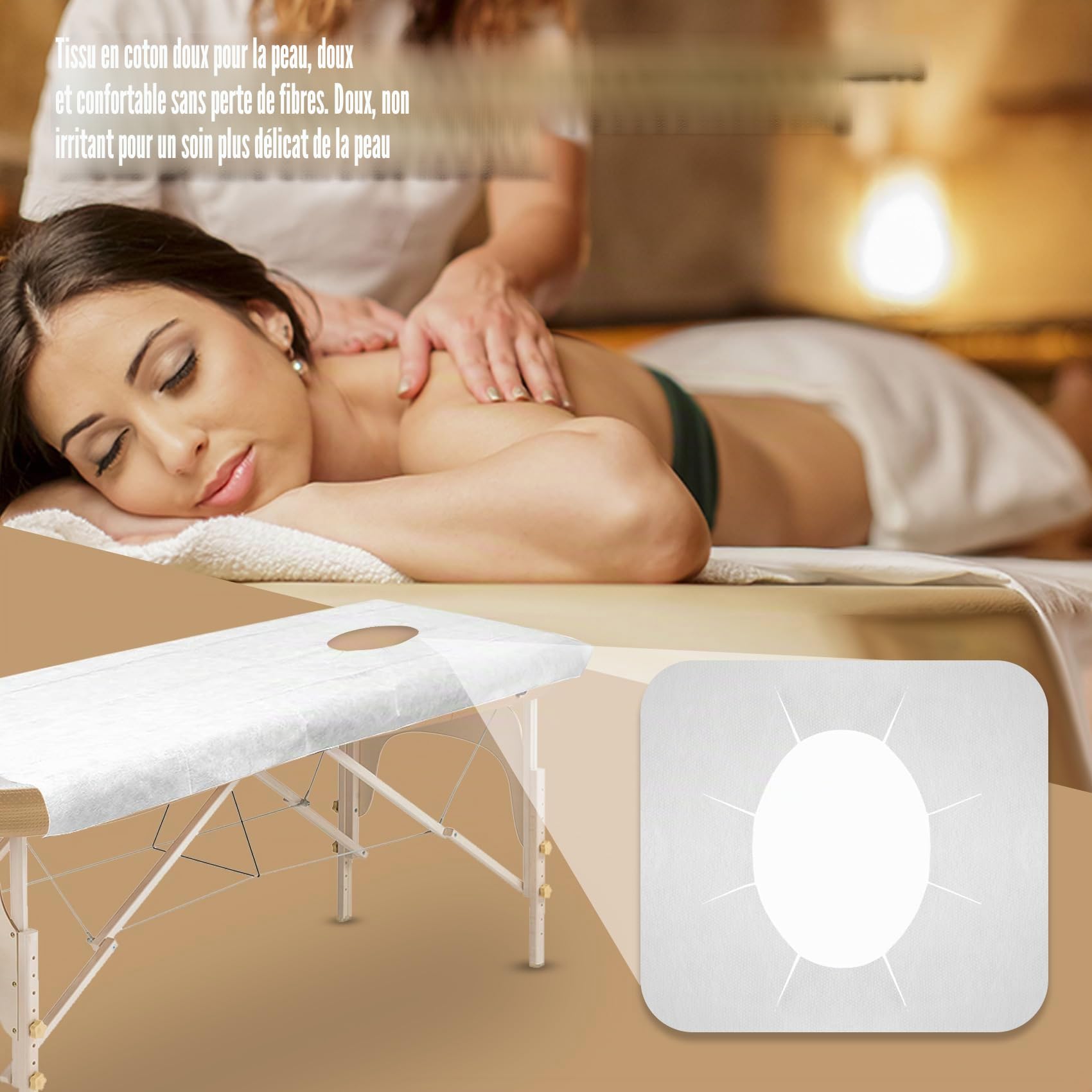 Lot de 100 nappes jetables avec trou pour le visage, pour massage en institut de beauté, spa, table de massage, table de lit, drap de protection avec trou