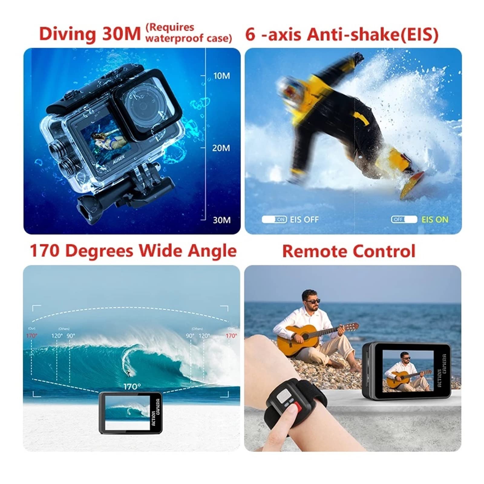 Action Cam, Action Camera Filtro rimovibile 6 Lens 5K 30FPS 4K 60FPS 48MP Dual Screen 2quot; Riprese video IPS EIS Diventa impermeabile Sports Cam Pro ,All'aperto, Sport, Video(Standard,5K Camera Only