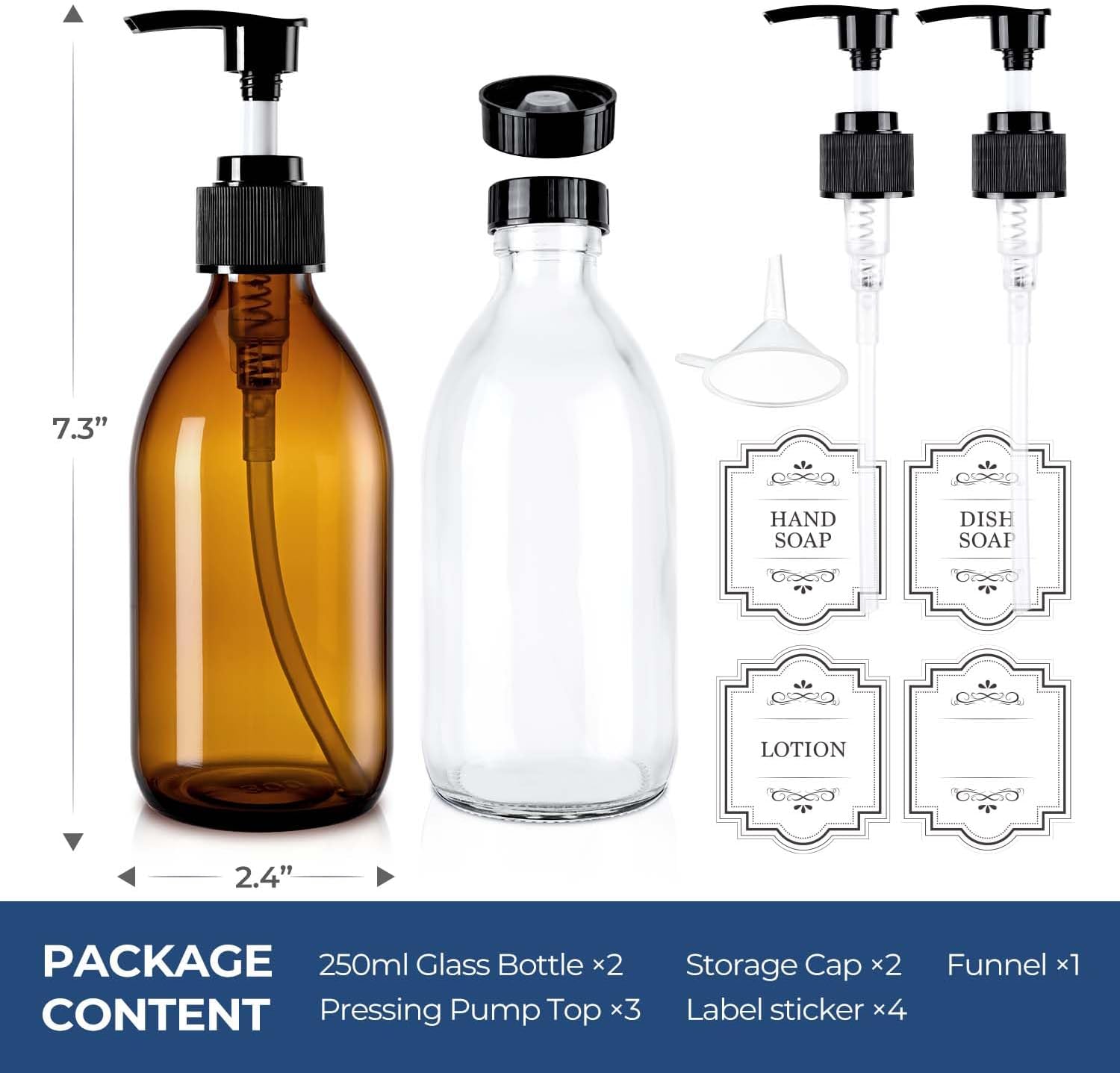 8 oz Glass Pump Bottle, 250ml Small Lotion Dispenser Bottle for Body Massage Oil, Refillable Empty Hand and Dish Soap Dispensers Set with Storage Caps, Labels - Amber & Clear, 2 Pack - Image 8