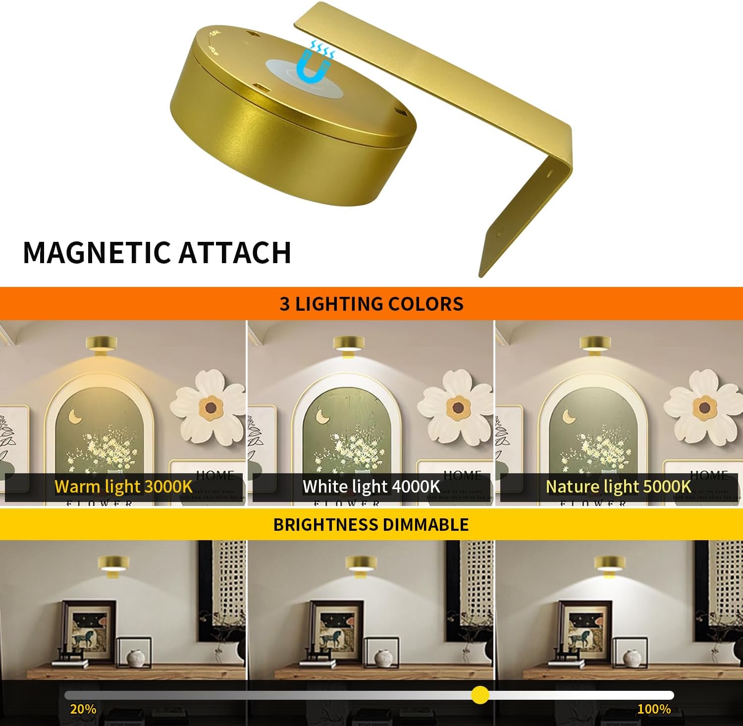 Battery Picture Light 3Pack Gold,Wireless Painting Light with Remote,3 Lighting&Dimmable,Wall Art for Painting Accent Light &Timer for Pictures Frames Gallery Potrait Magnetic Gold-3pack AA battery operated image 2 of 7 B0BV63BQJM