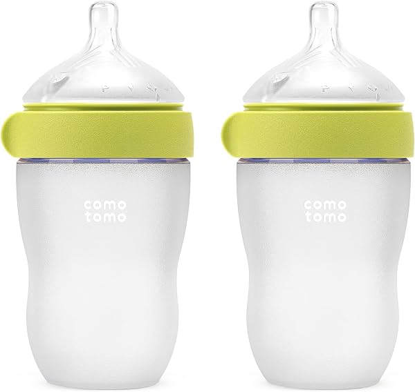Comotomo Silicone Baby Bottle Gen 2 – Lanzamiento 2026 (8oz) – Botella Suave de Cuello Ancho para Alimentación Cómoda con Dobles Ventilaciones Anticólicos (Incluye Tetinas de Flujo Medio), Verde (Paquete Doble)