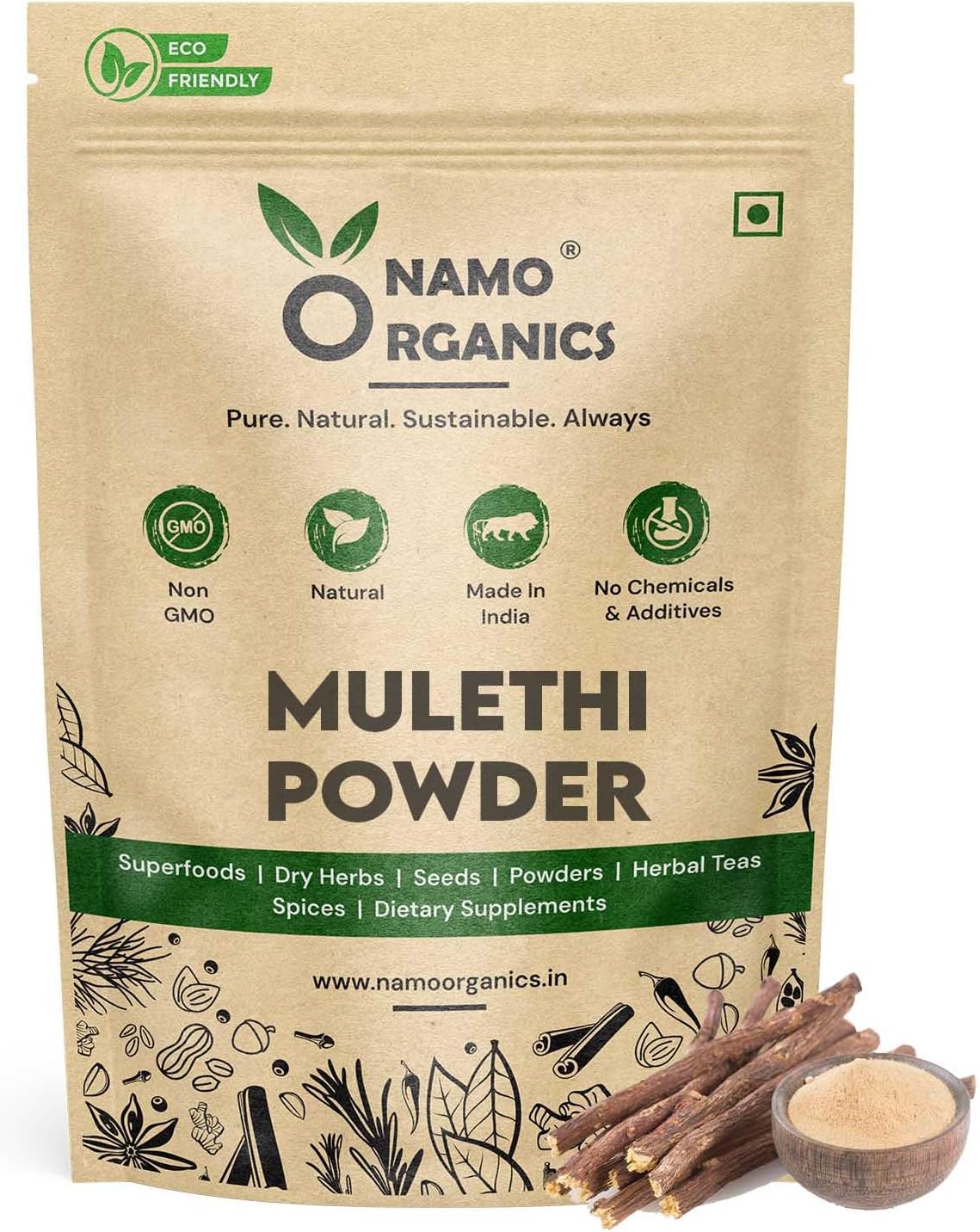 Namo Organics - Mulethi Powder - 250g - Yashtimadhu - Double Filtered 100% Liquorice Powder for Face and Eating (throat)