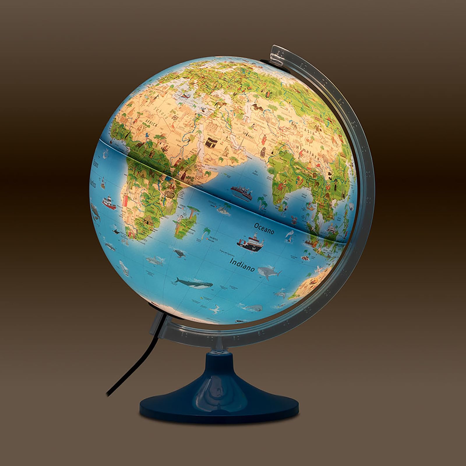 Tecnodidattica – Globe Atmosphere Family Solid pour enfants | lumineux, tournant sur son axe | cartographie illustrée et méridien gradué | diamètre 30 cm – textes en français