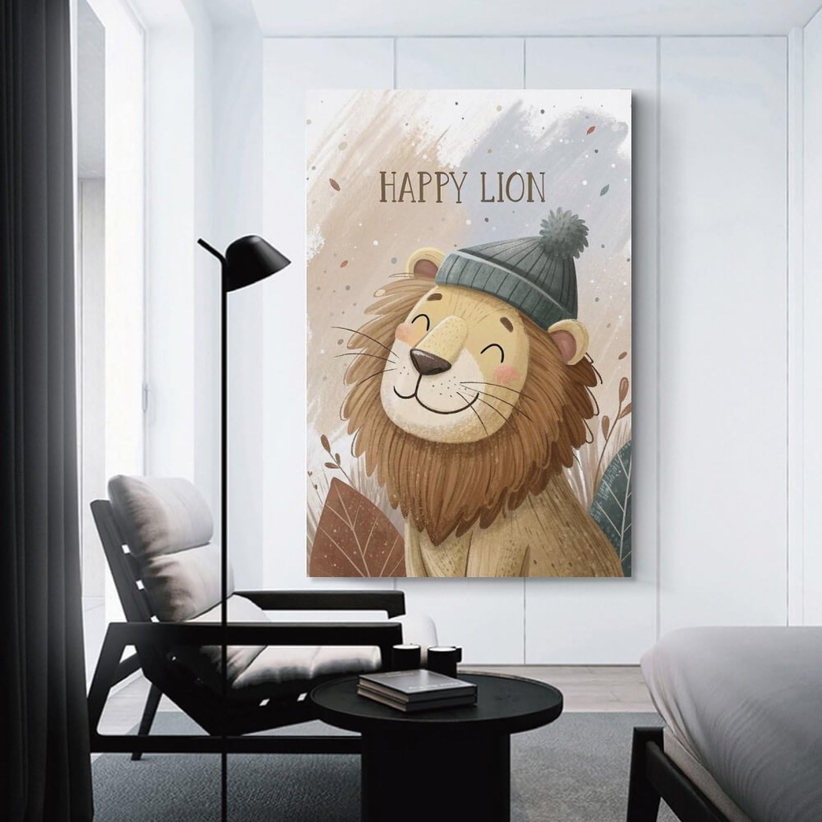 Junmoney Happy Lion Wearing A Beanie Room Decor Wall Art, 20x30inch(50x75cm), for Bedroom Walls, Guest Spaces Or Lounges, Stylish Decor for A Restful Room Update