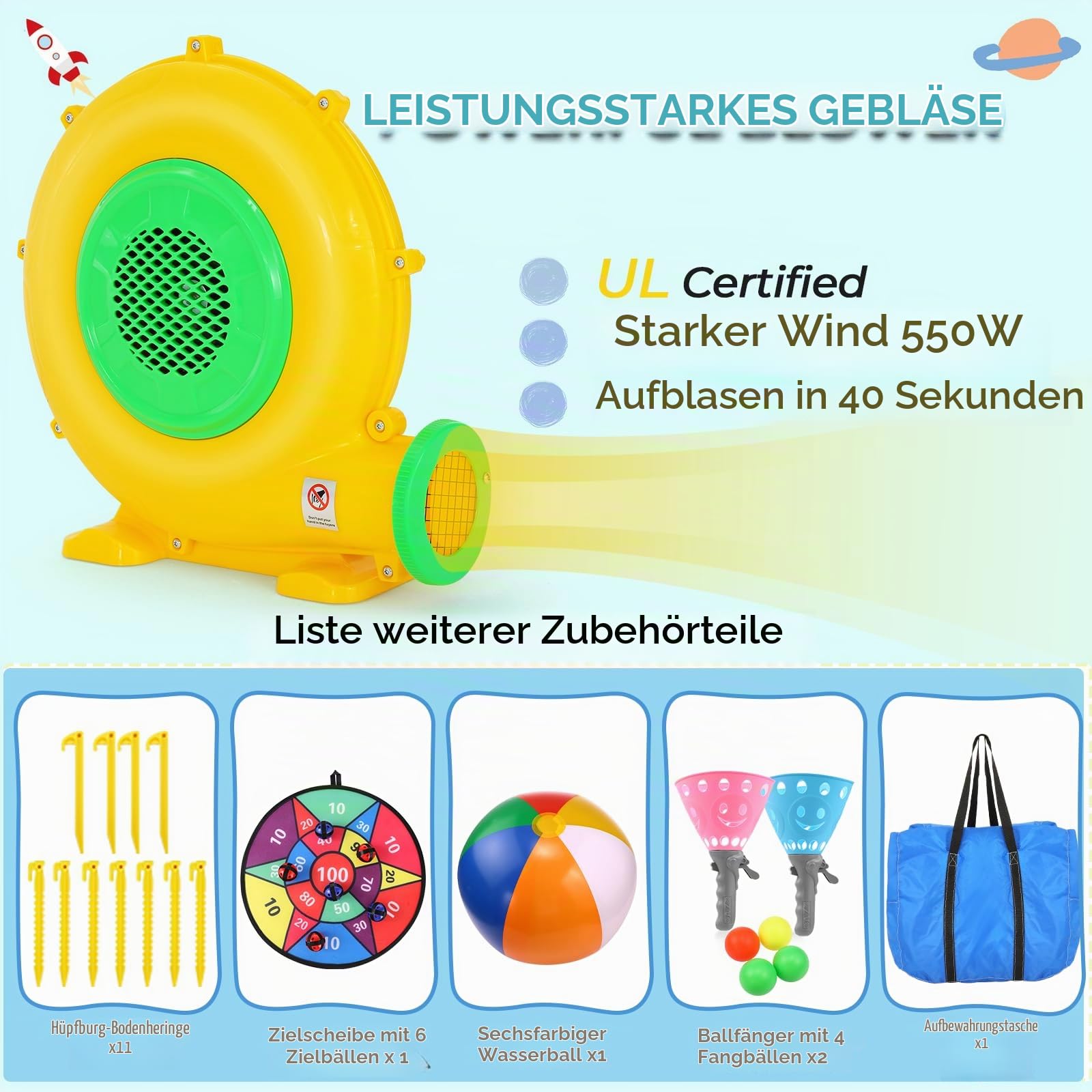 Hüpfburg für Kinder von 8-12 Jahren, 4,1 x 4,1 m, für drinnen und draußen, mit Gebläse, Weltraum-Hüpfburg für Partys und den Garten