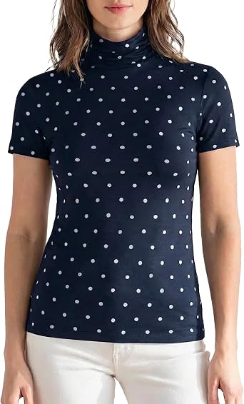 Zengjo Turtleneck Tops for Women Short Sleeve High Neck Polka Dot T Shirt