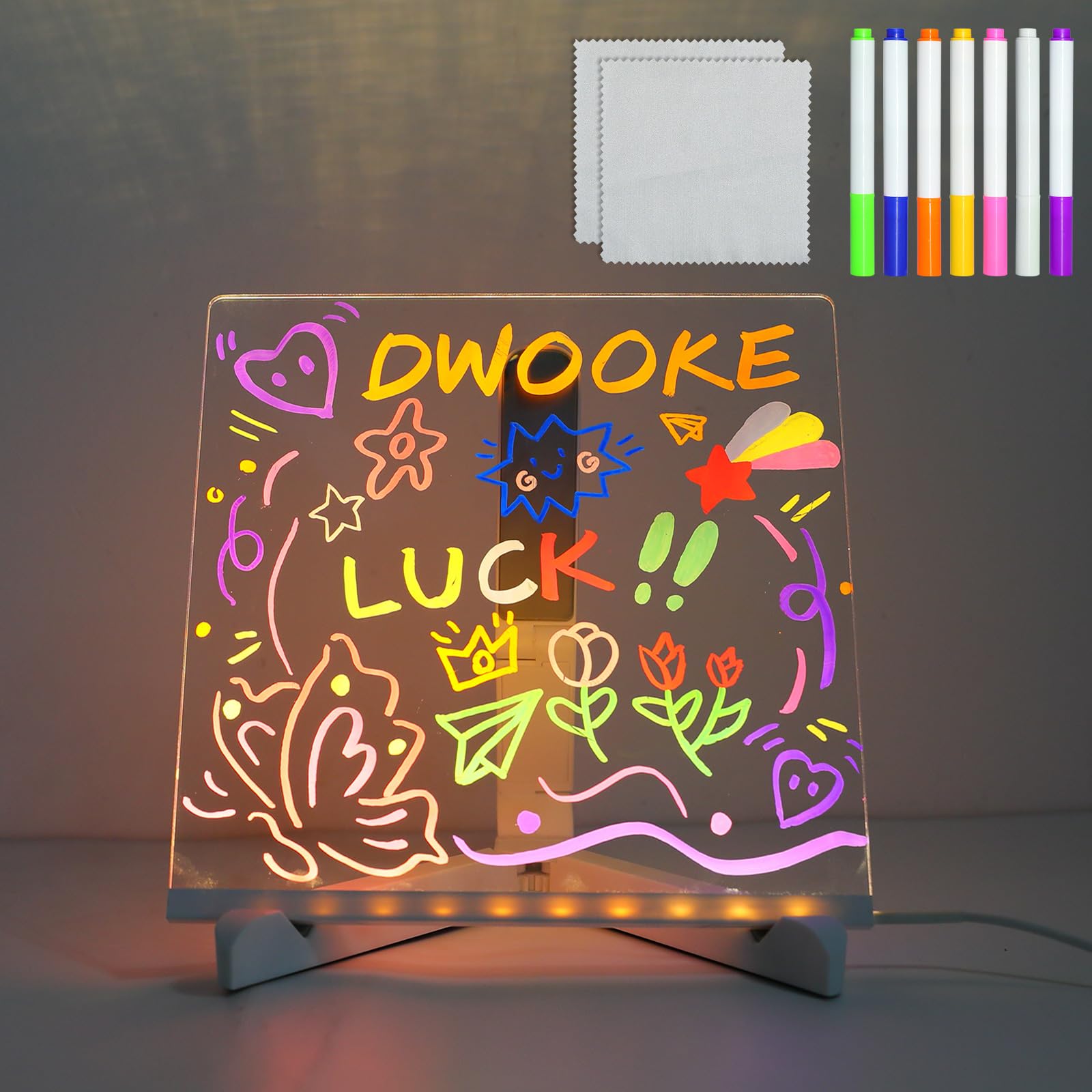 DWOOKE LED Drawing Board with 7 Colors Pen/Stand,20x20CM Luminous Acrylic Message Boards,Art Desktop Note Boards Light Board,Writing Board for Home Desk Office Cafe