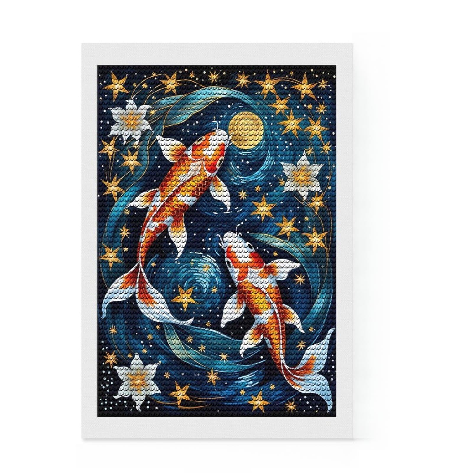 Junmoney Koi Fish Starry Night Diamond Art Canvas 8"x12", for Creative Relaxation, Pleasing Wall Art Project, Aesthetic Room Decor, Christmas Gift