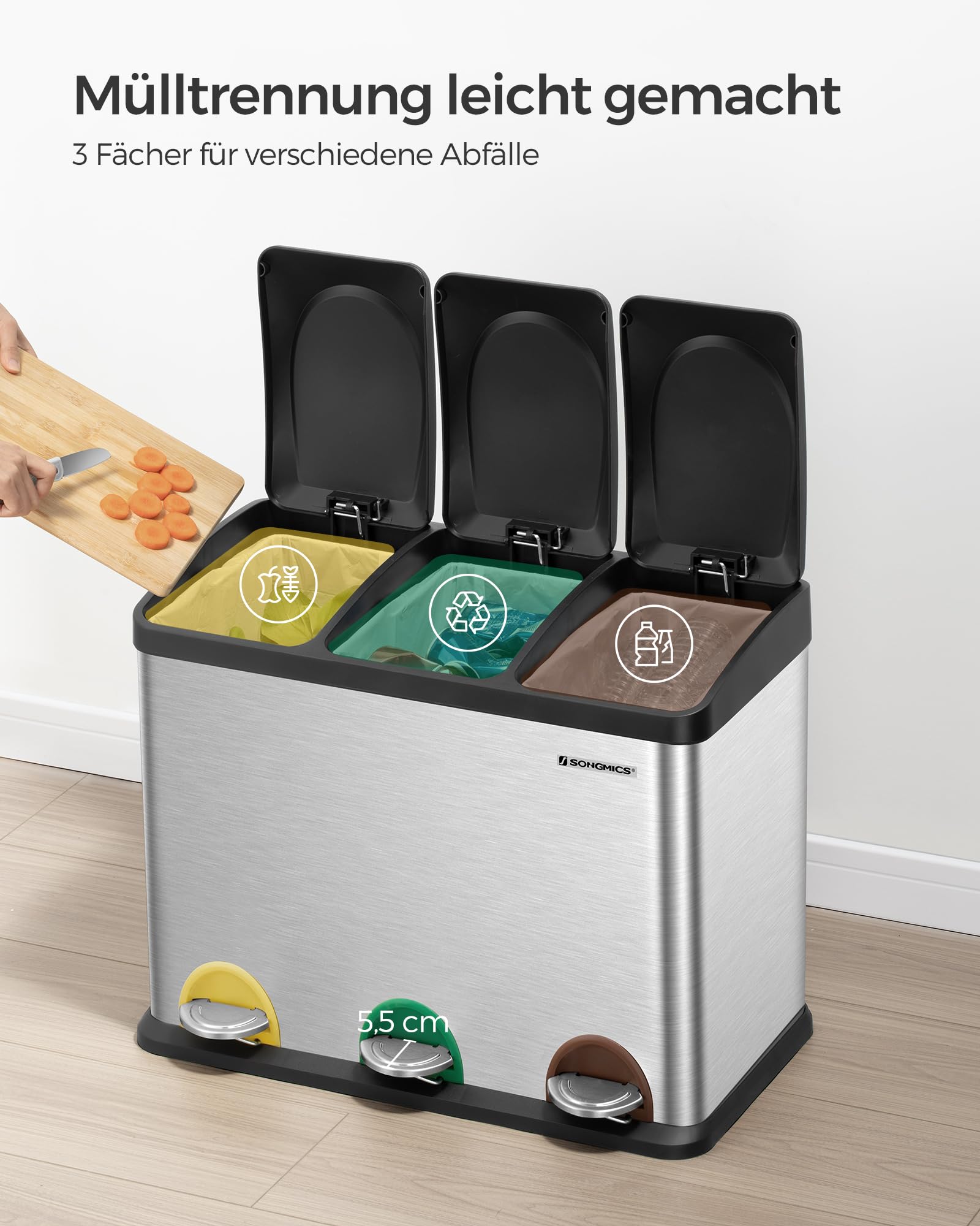 SONGMICS Mülleimer Küche 45 Liter Treteimer 3 Fächer Mülltrennsystem Metall Stahl LTB45L