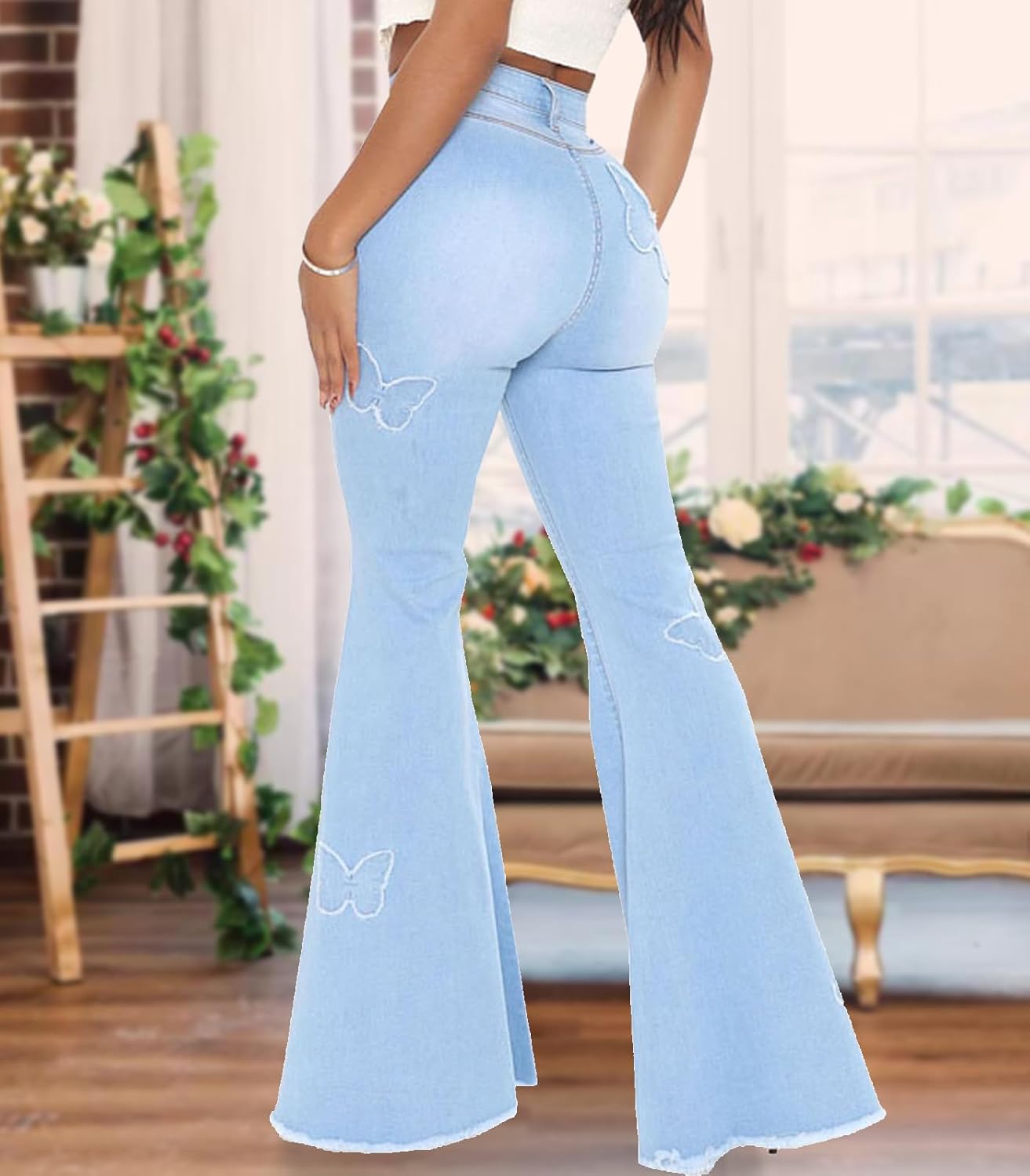 Women bell bottom jeans high waisted flare jean ripped hole classic denim  bell bottom pants