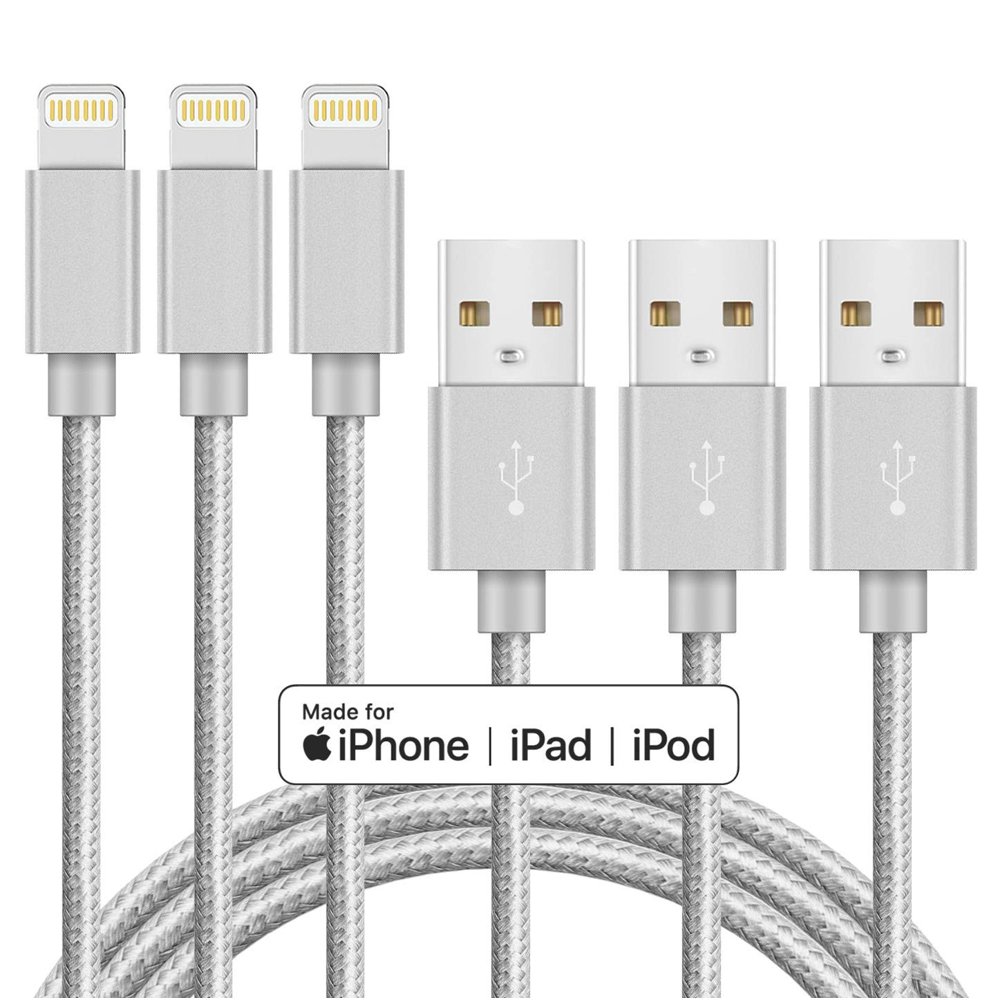 iPhone Charger Cable MFi Certified Lightning Cord 3Pack 6ft USB Fast Charging Syncing Cable Nylon Braided iPhone SE 11 Pro MAX Xs XS MAX XR X 8 7 6 5 Plus S E iPad iPod Grey
