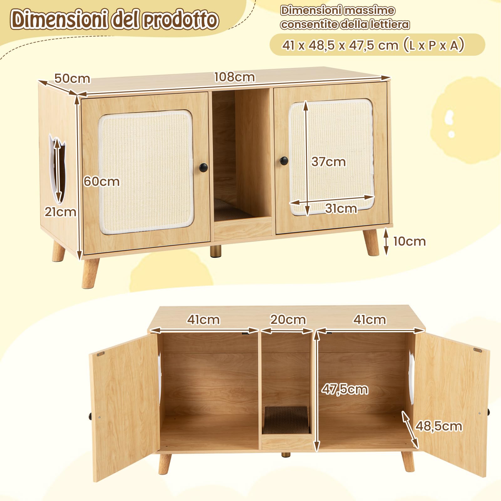 GYMAX Mobile per Gatti con Ampio Piano, 2 Piccoli Armadietti, Spazio Aperto, 2 Tavoletta e 1 Tappetino per Tiragraffi, Ingressi Laterali, Mobiletto per Lettiera, Cuccia (Naturale)