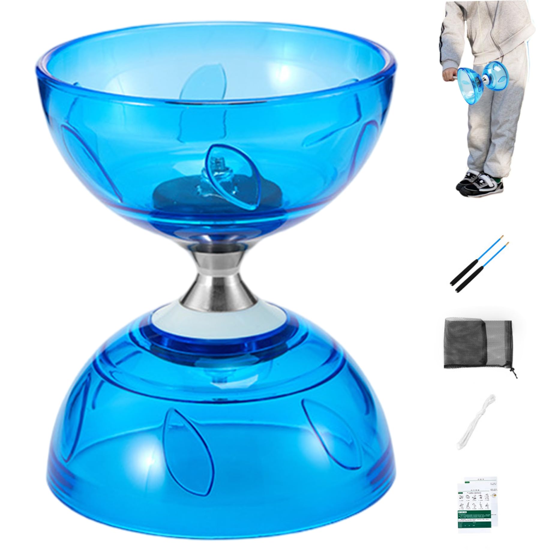 Juego de Yoyo Diabolo de Triple rodamiento Azul Yoyo Chino con Bolsa de Red de Hilo de Palo para niños y Adultos