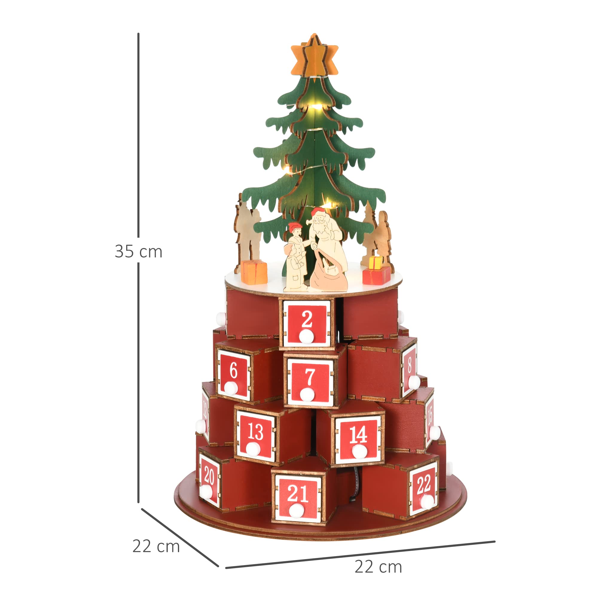HOMCOM Calendario Avvento di Natale a Cono con 10 Luci a LED, Calendario dell'Avvento in Legno con Motivi a Tema, 22x22x35 cm, Rosso Verde e Giallo