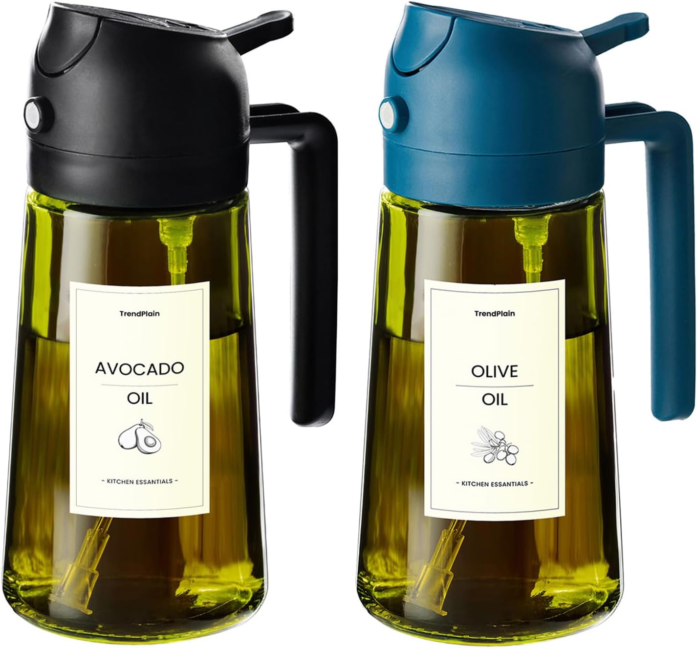 TrendPlain 470ml Olive Oil Spray Bottle - 2 in 1 Olive Oil Dispenser Bottle for Kitchen Accessories - Kitchen Gadgets, For Air Fryer - with Stickers, Light Blocking - Black & Navy