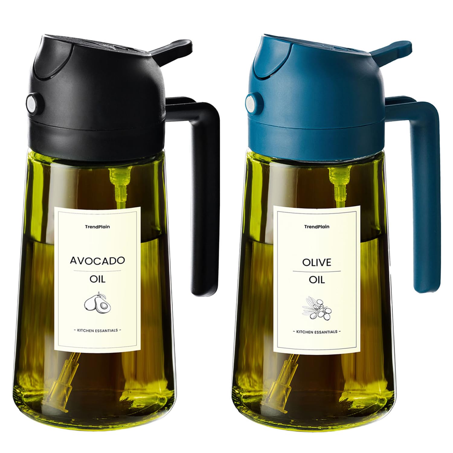 TrendPlain 470ml Olive Oil Spray Bottle - 2 in 1 Olive Oil Dispenser Bottle for Kitchen Accessories - Kitchen Gadgets, For Air Fryer - with Stickers, Light Blocking - Black & Navy