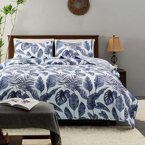 HORIMOTE HOME Juego de edredón de plantas tropicales, tamaño Queen, 3 piezas, hojas de palmera azul, estilo selva, juego de ropa de cama reversible