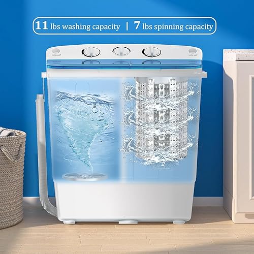 Miniatura 3 de Erivess Portable Twin Tub Washing Machine, Buy 1(washer) Get 1(Dry Rack) Free! 11lbs Washer Mini Compact Laundry Machine and 7lbs Drain Pump,