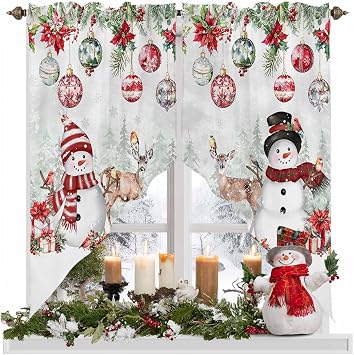 Christmas Swag Curtains Valances for Kitchen Windows Snowman Deer Rod Pocket Valances Window Treatment Poinsettia xmas Balls Holly Berry Valance Curtains for Bedroom/Living Room/Bathroom 56" W x 36" L