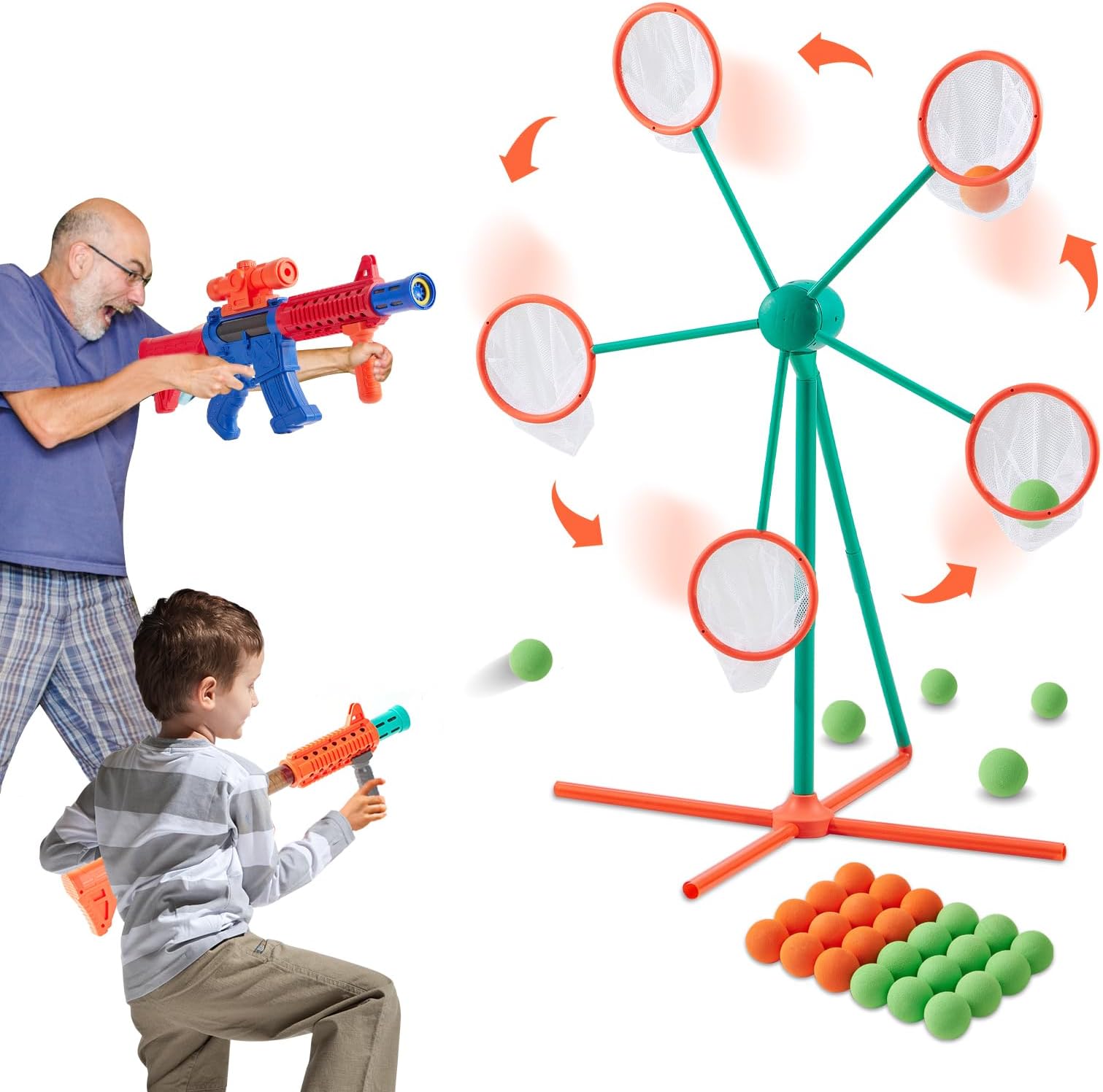 ERTYU Shooting Games Toys for Age 5+ Year Old Boys, Kids Toy Sports & Outdoor Game with Moving Shooting Target & 2 Popper Air Toy Guns & 24 Foam Balls, Gifts for Boys and Girls