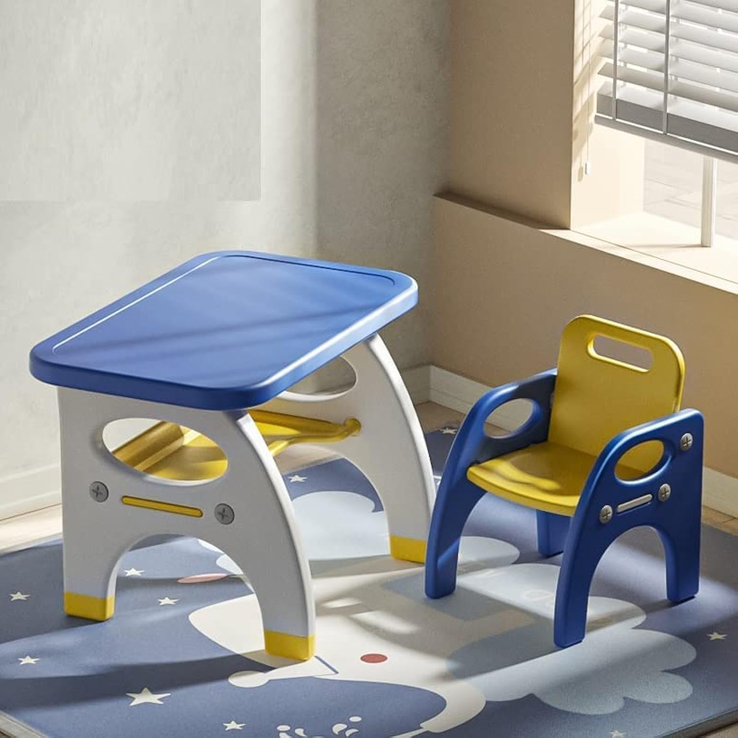 Neo Classic Baby Foldable Desk Table Nordic Children Kids Furniture Study Tables and Chair Set for Kids Bedroom-Yellow &Blue