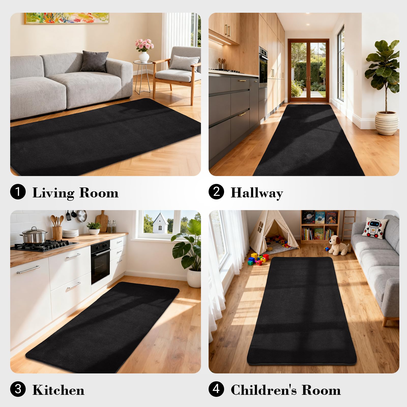 Tappeto da soggiorno a pelo corto, morbido, lavabile e antiscivolo, moderno, in tinta unita, per camera da letto, cameretta dei bambini, 140 x 200 cm, nero