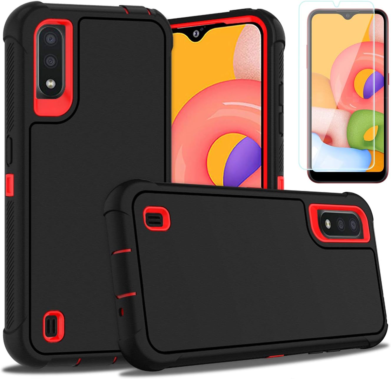 PhuLok Galaxy A01 Case,Samsung A01 Case (North American Version),with HD Screen Protector,Heavy Duty Armor Dual Layer Shockproof Sports Anti-Scratches Non-Slip Bumper Rugged (Black/Red)