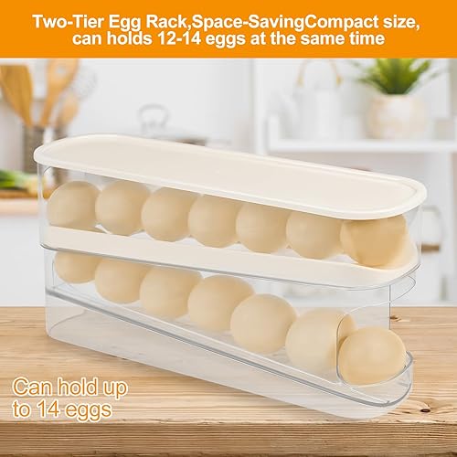 Miniatura 4 de Dispensador automático de huevos enrollable para organizador de refrigerador con tapa, 12 unidades de doble capa para almacenamiento de huevos en