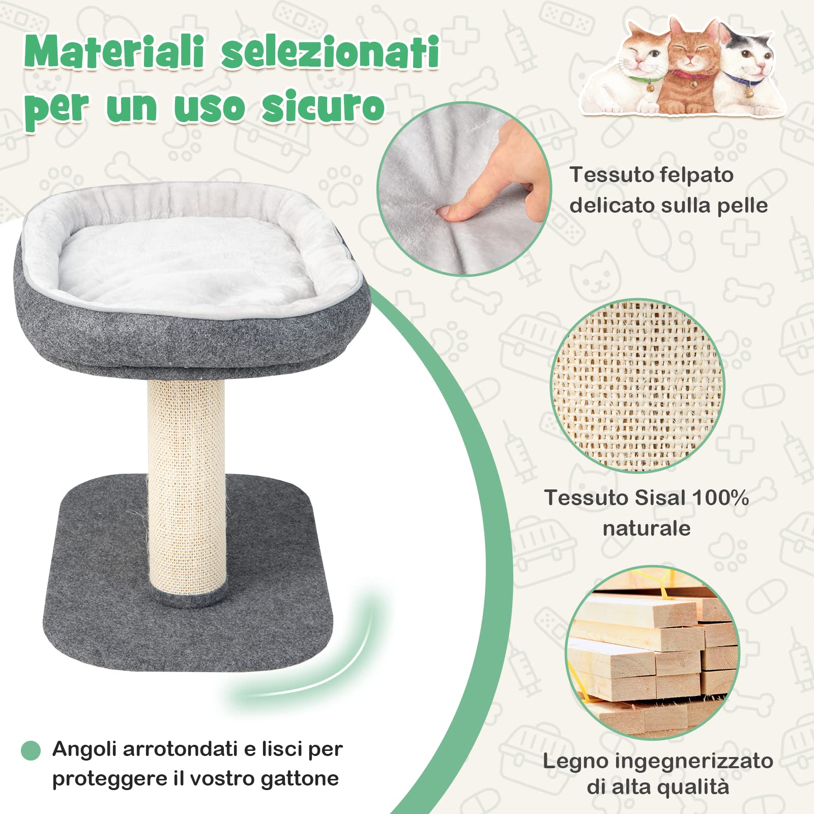 GYMAX Albero Tiragraffi per Gatti in Legno con Rivestimento in Peluche, Paletti in Sisal, Nido Confortevole, Palla da Appendere, 59 x 39,5 x 50 cm, Portata 20 kg (GRIGIO)