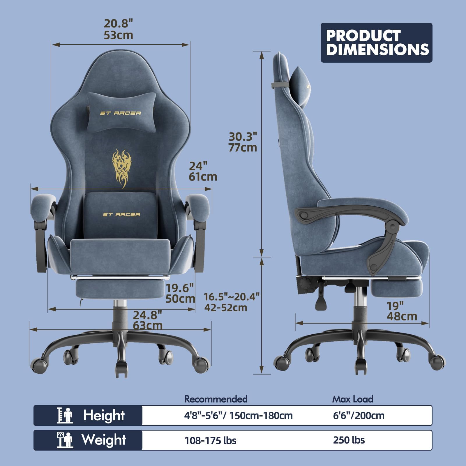 Sedia da Gaming, Sedia da Ufficio Girevole con Supporto Lombare e Testa Regolabile, Braccioli e Poggiapiedi, Rivestimento in Tessuto Traspirante per PC Racing (Grigio)
