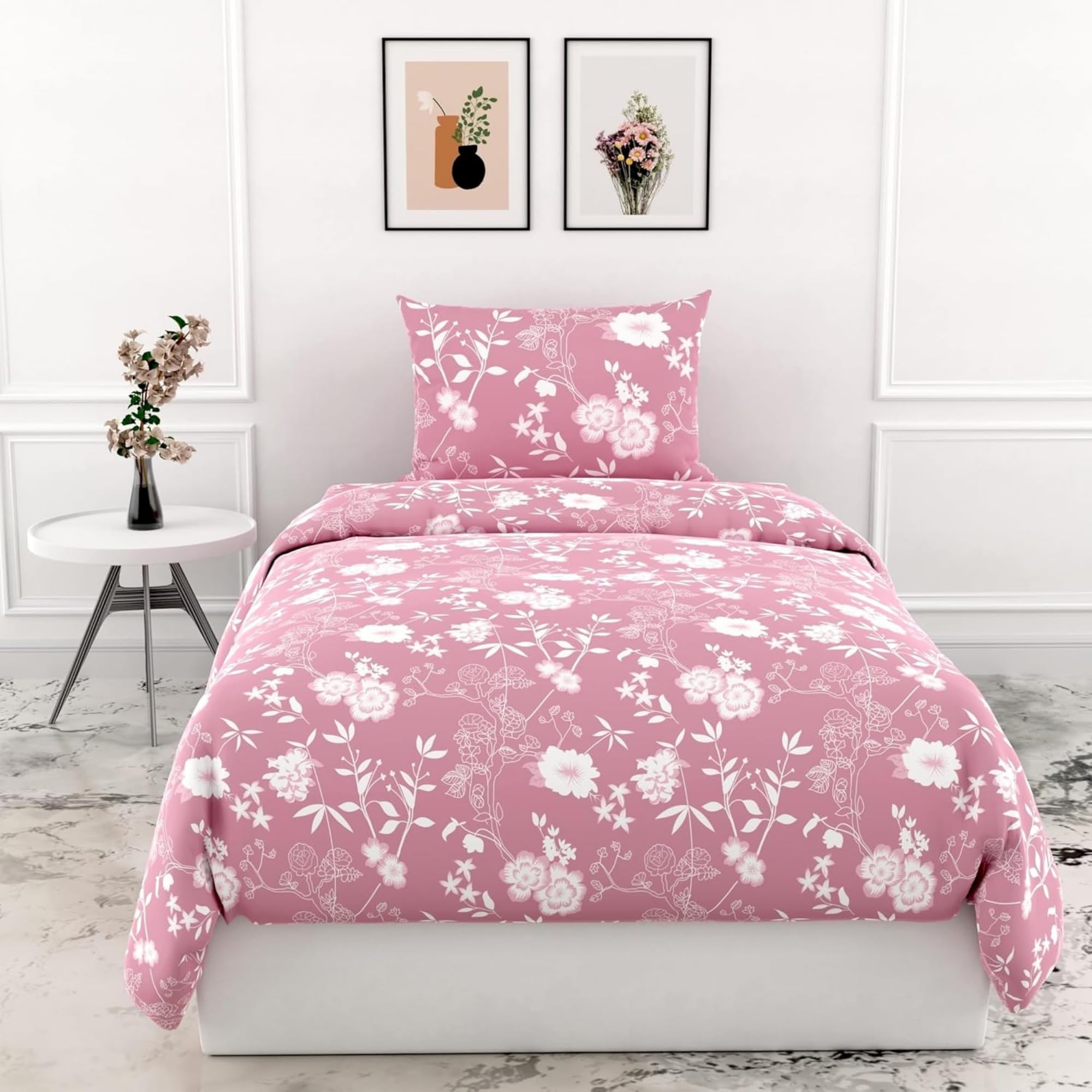 LORETO - A QUALITY LINEN BRAND 100% Pure Cotton Bedsheet for Single Bed, 144TC Soft & Breathable Single Bed Sheet with Pillow Cover (Blush Pink Vine Blooms, 54 x 84 Inches)