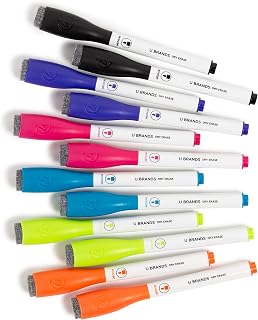 U Brands Fine Tip Dry Erase Markers with Eraser, Low Odor Whiteboard Markers Fine Tip, Assorted Bright Colors, Set of 16