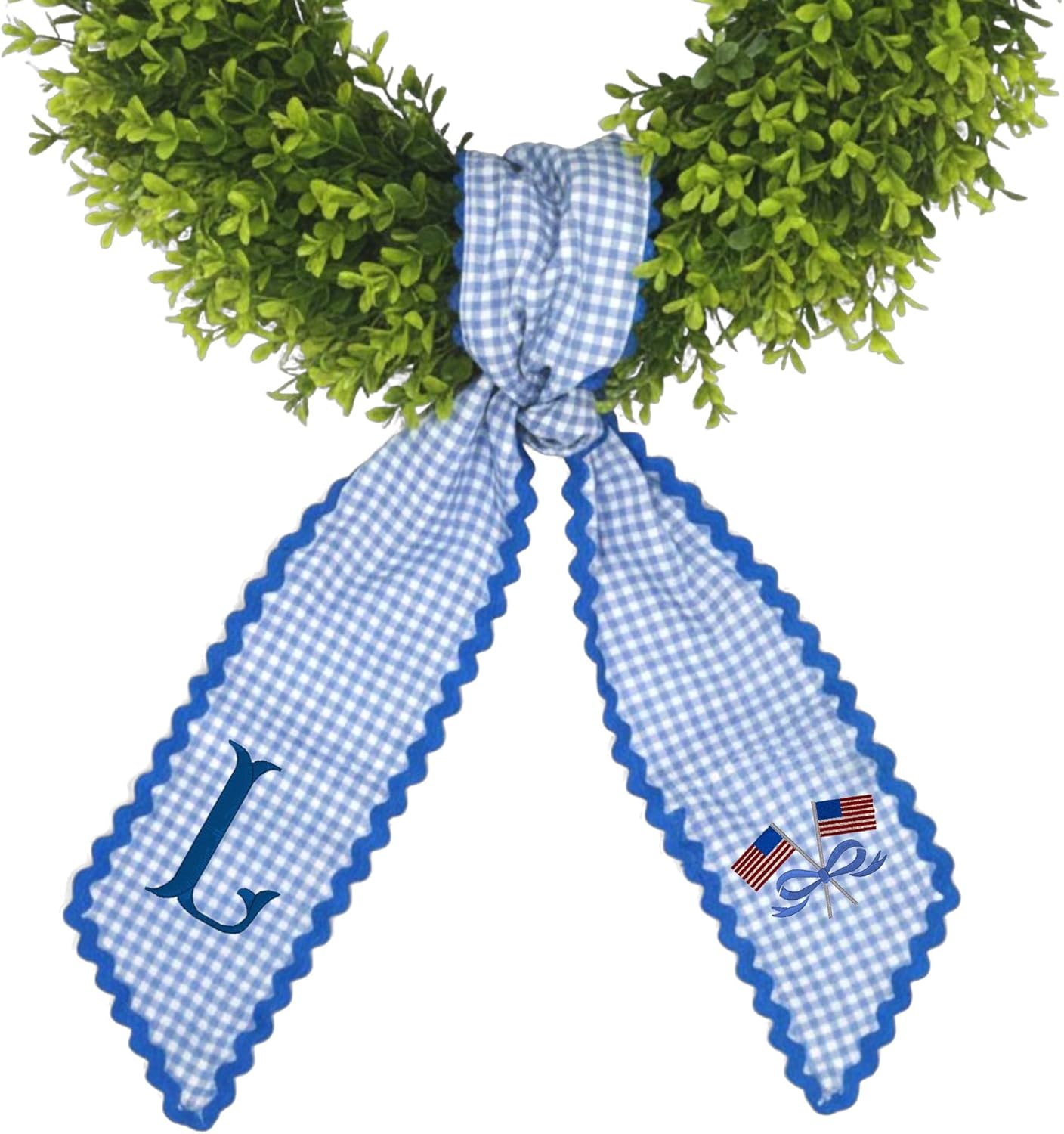 Morxy Custom 4th of July Monogram Wreath Sash - Patriotic Summer Wreath Bow - Personalized Americana Front Door Decor (Scalloped Plaid Pink)