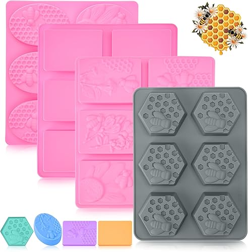 4 moldes de silicona para jabón de 6 cavidades, patrones mixtos, molde de silicona de abeja 3D, molde hexagonal de panal de abeja, molde de jabón de