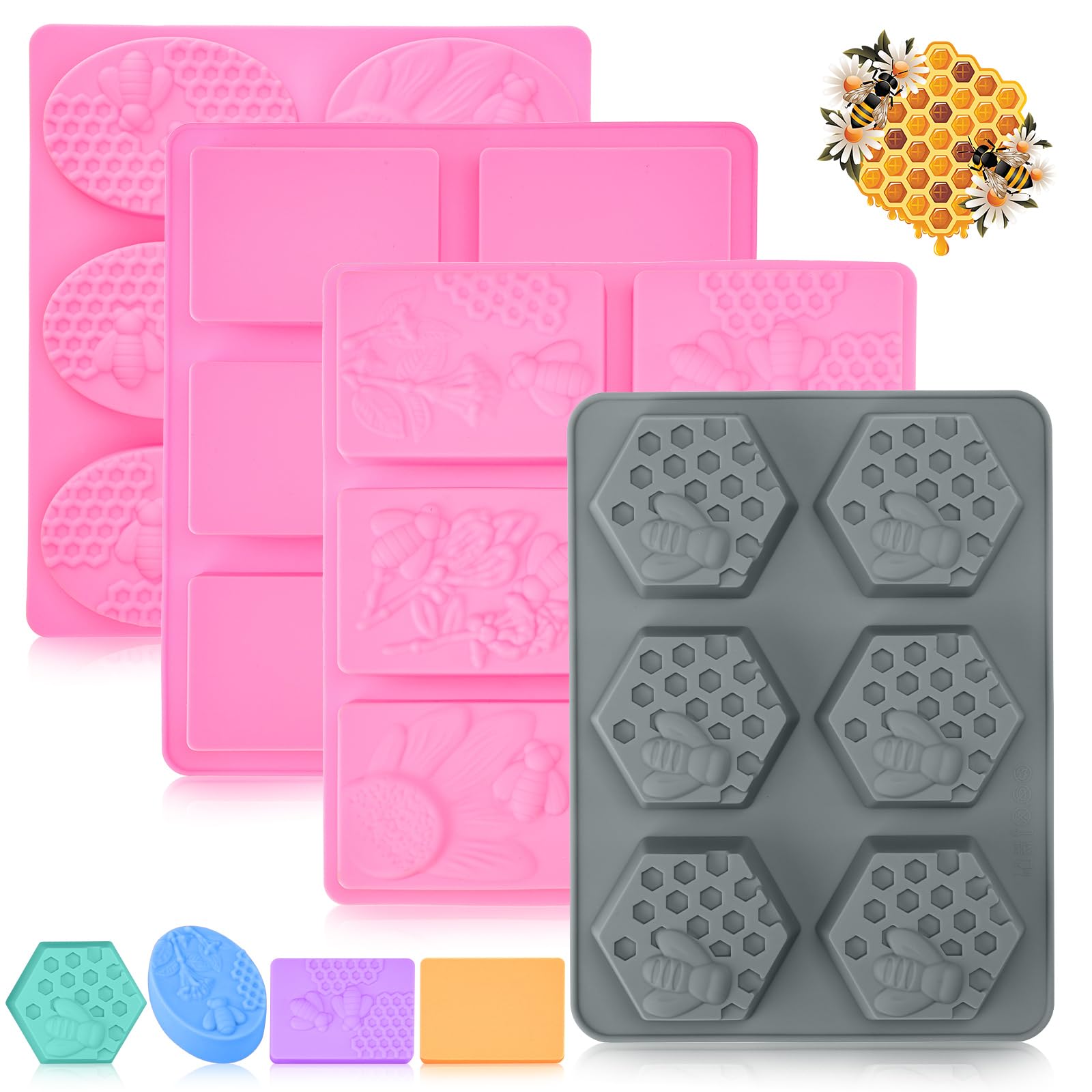 Baderke 4 Pack 3D Silicone Molds for Soap Making Bee Silicone Mold Honeycomb Soap Molds, 6-Cavity Round and Rectangle Flower Silicone Molds for Homemade Soap, Beeswax, Jelly, Candles and Cake Making