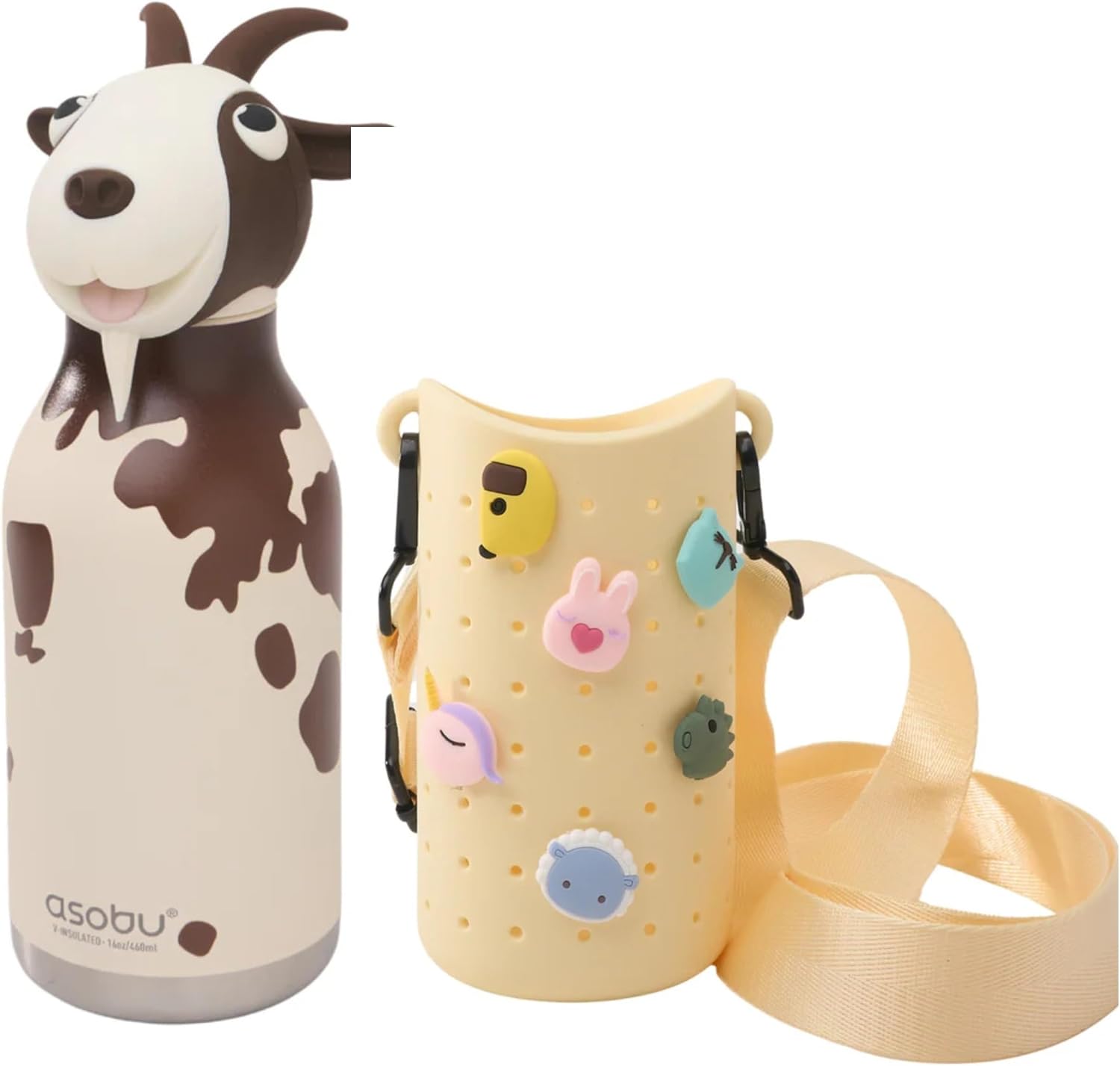 asobu Bestie Goat Water Bottle & Silicone Bottle Sling Bundle, Cute Collectible Character, 16 oz Insulated Stainless Steel, Adjustable Carry Strap