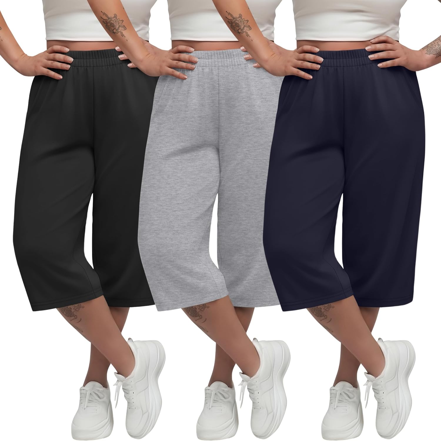 3 Pack Women's Plus Size Capris Wide Leg Loose Elastic High Waist Yoga Pants Cropped Lounge Sweatpant with Pockets