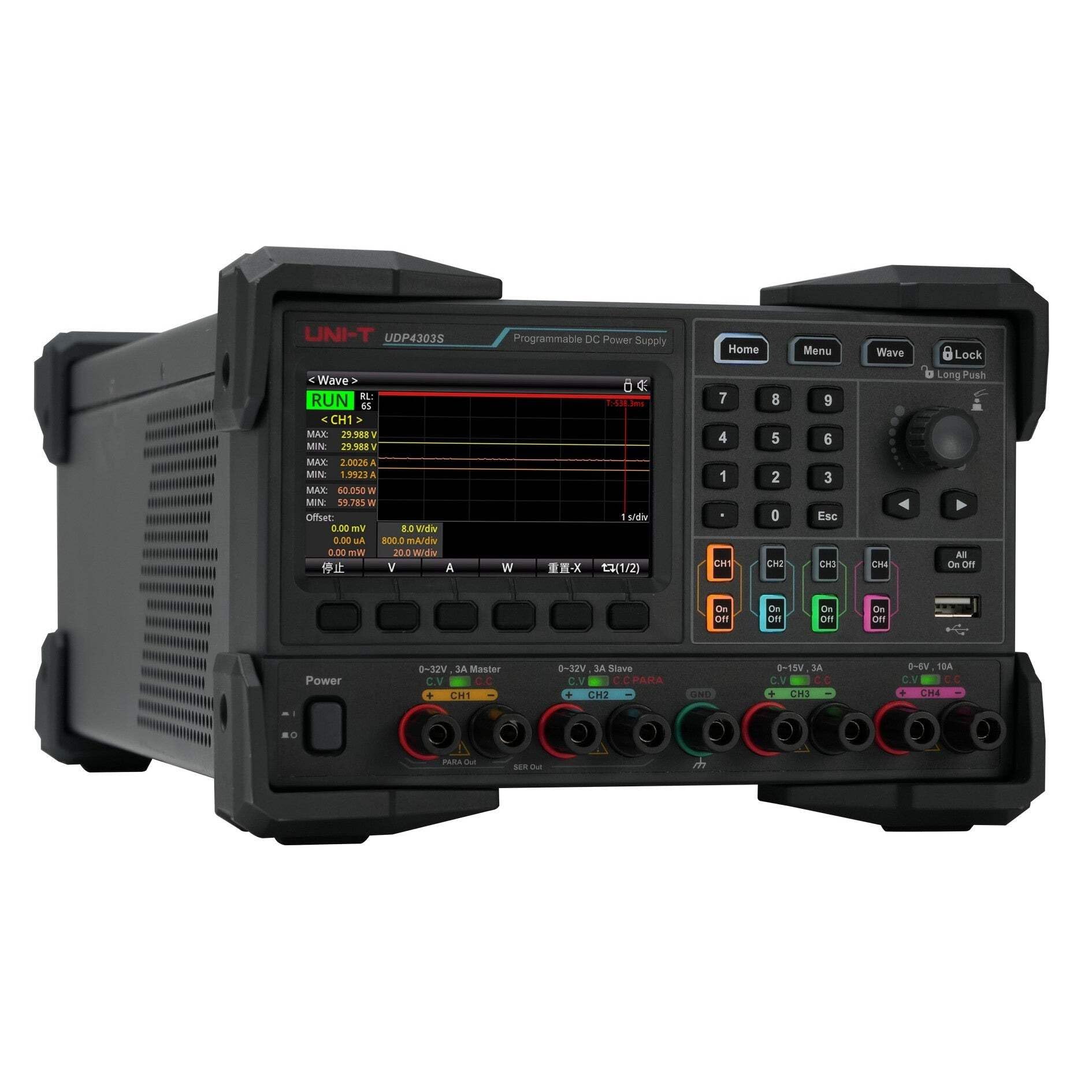 UNI-T UDP4303S Fuente de alimentación CC lineal programable | 4 canales, 297 W de potencia total, CH1/CH2: 0-32 V/3 A, CH3: 0-15 V/3 A, CH4: 0-6 V/10 A, resolución 1 mV/1 μA, precisión de voltaje <