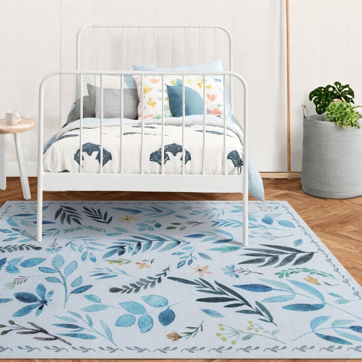 Syalife 6x9 Area Rugs, Non Slip Washable Low Pile Large Rugs for Living Room, Bedroom, Dining Room, Kids Playroom, Farmhouse (Blue Leafy, 6'x9')