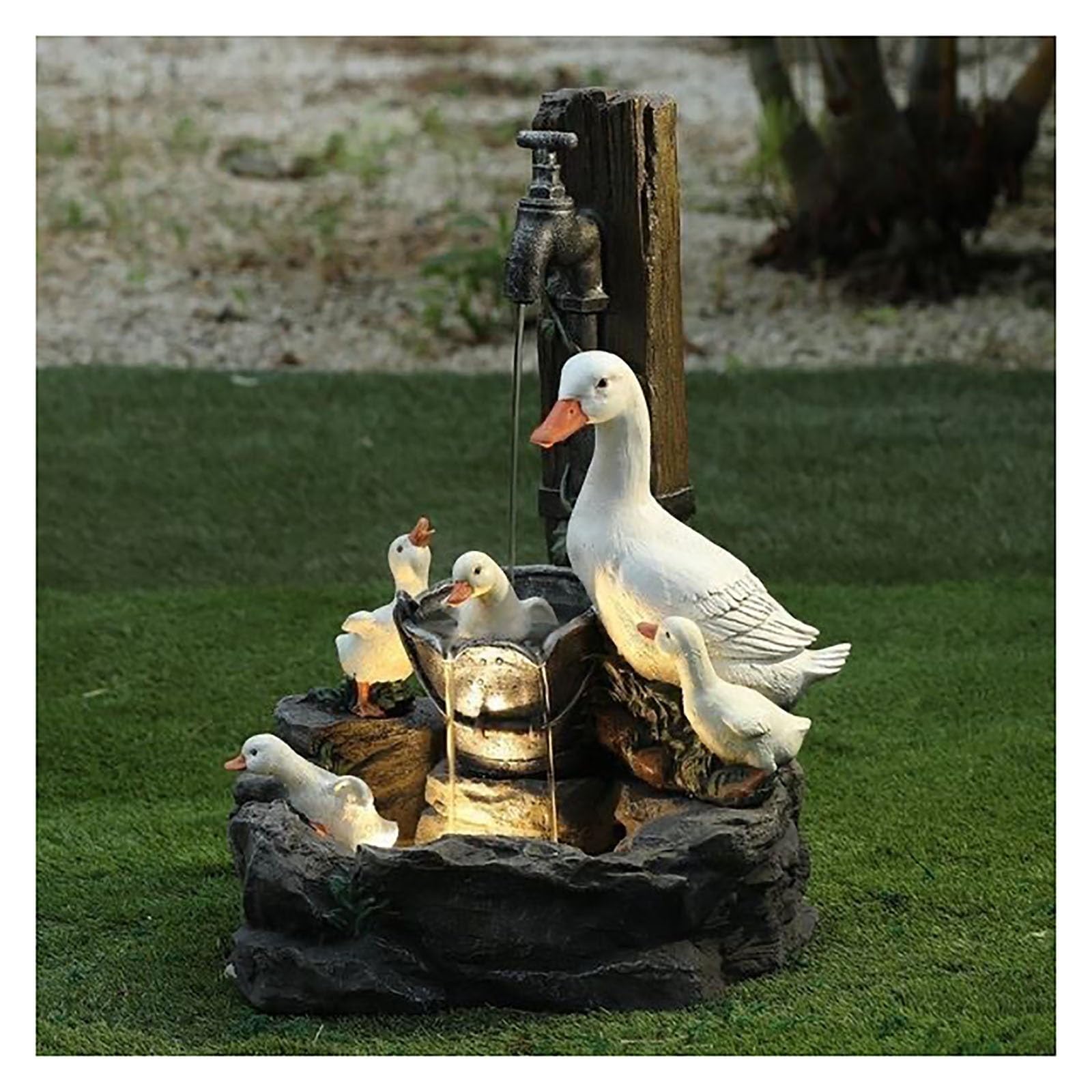 Solar Powered Water Feature Fountain - Outdoor Squirrel and Duck Garden Sculpture for Waterscape Decoration