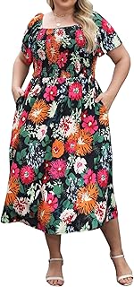 Plus Size Floral Maxi Dress for Curvy Women Boho Smocked Casual Wedding ...