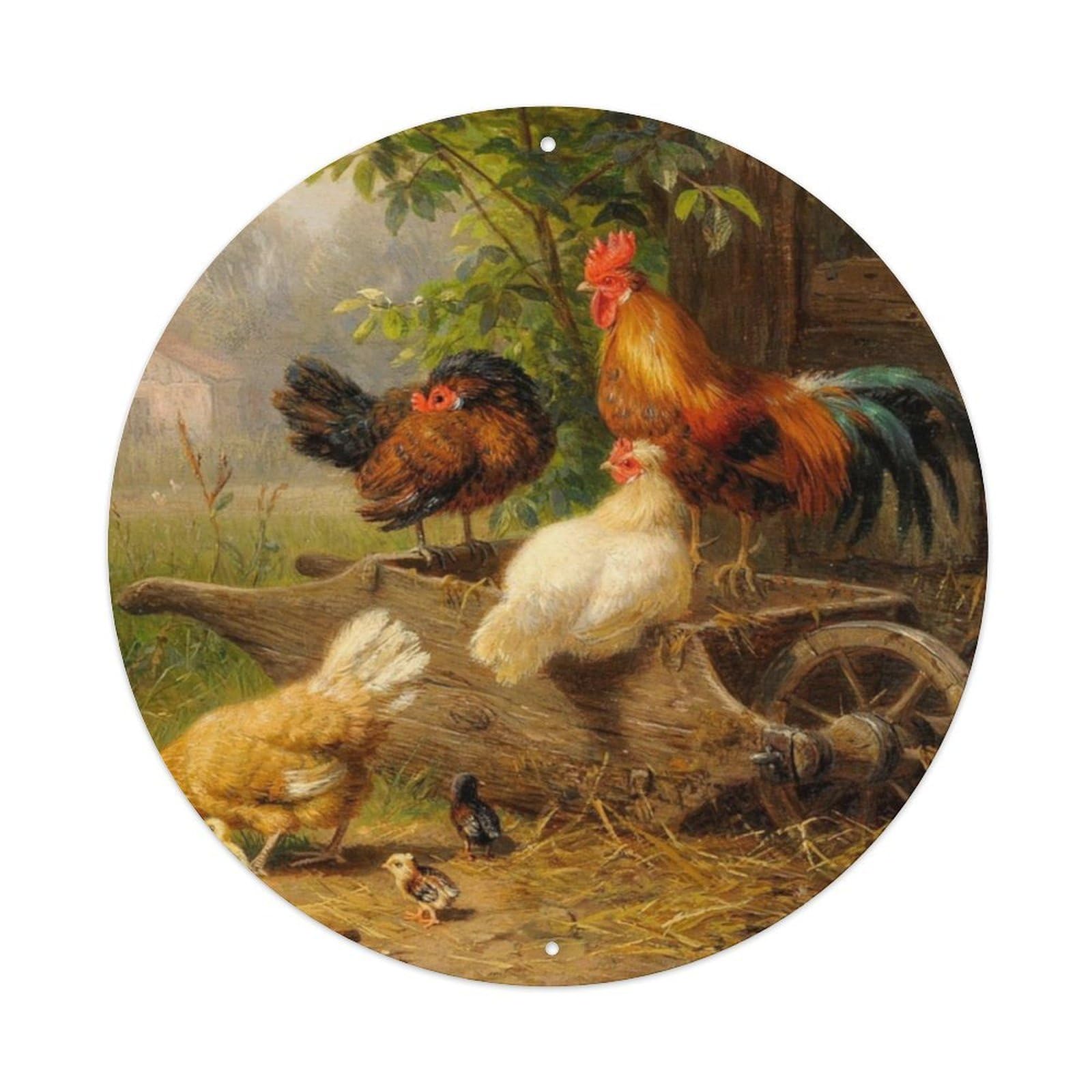 Animal Artwork Rooster Hen And Chicks on The Farm Vintage Metal Tin Sign Plaque Wall Decor for Cafe, Club Bar, Office, Garden Metal Poster 8x8Inch